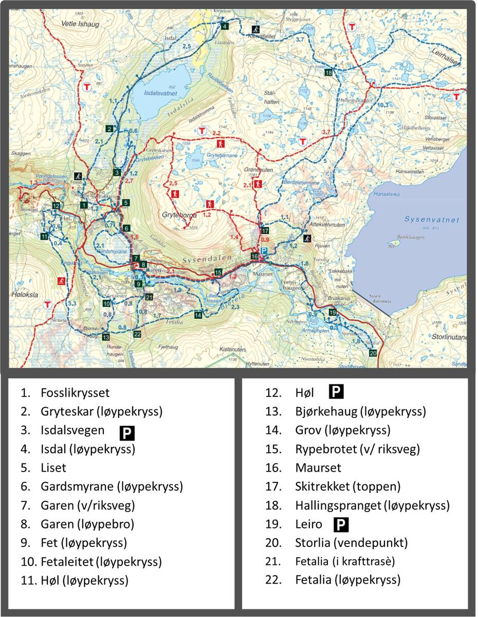 Kart over løypenettet i Sysendalen med nummererte skiltpunkt