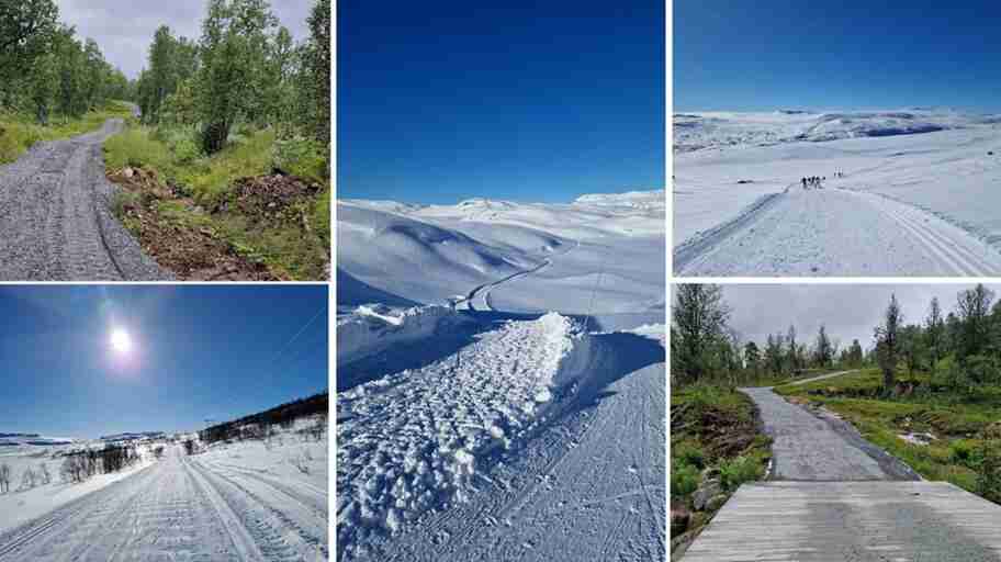 Løypenettet i Sysendalen sommer og vinter — grusvei, preparerte løyper og klopper