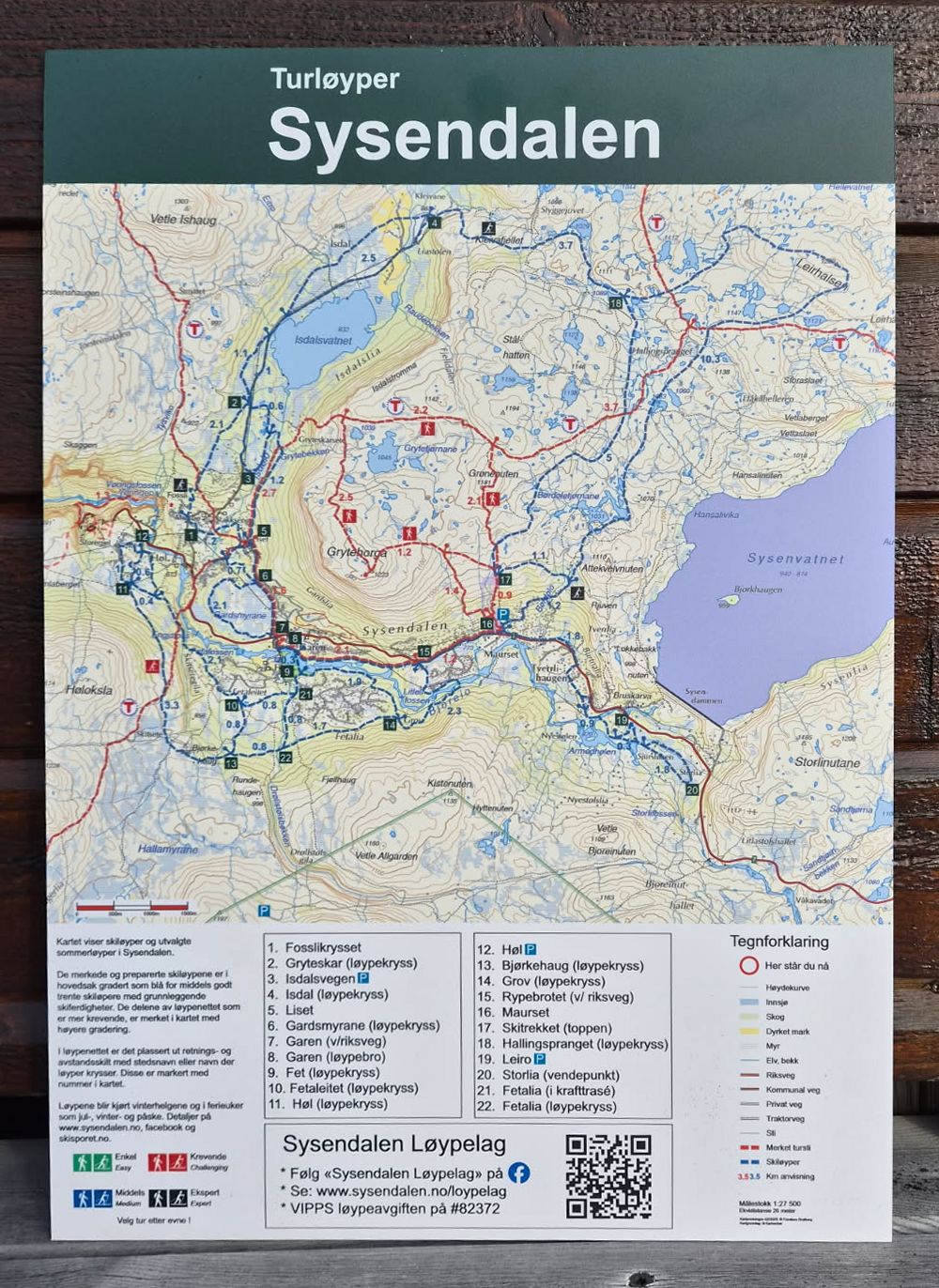 Løypeplakaten «Turløyper Sysendalen» med kart over skiløypene og nummererte skiltpunkter